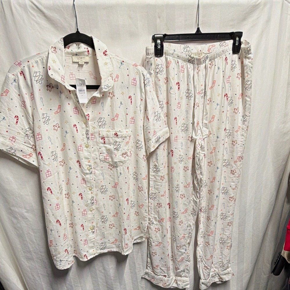 LOFT Sleep Womens M Flannel 2pc Pajama Set Button Front Pockets Holiday
